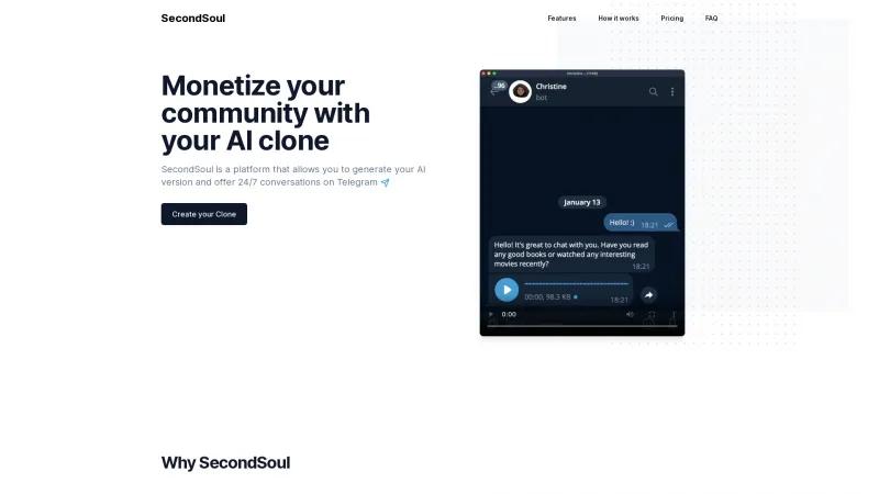 Monetiza tu comunidad sin esfuerzo con los clones de IA personalizados de SecondSoul en Telegram. secondsoul